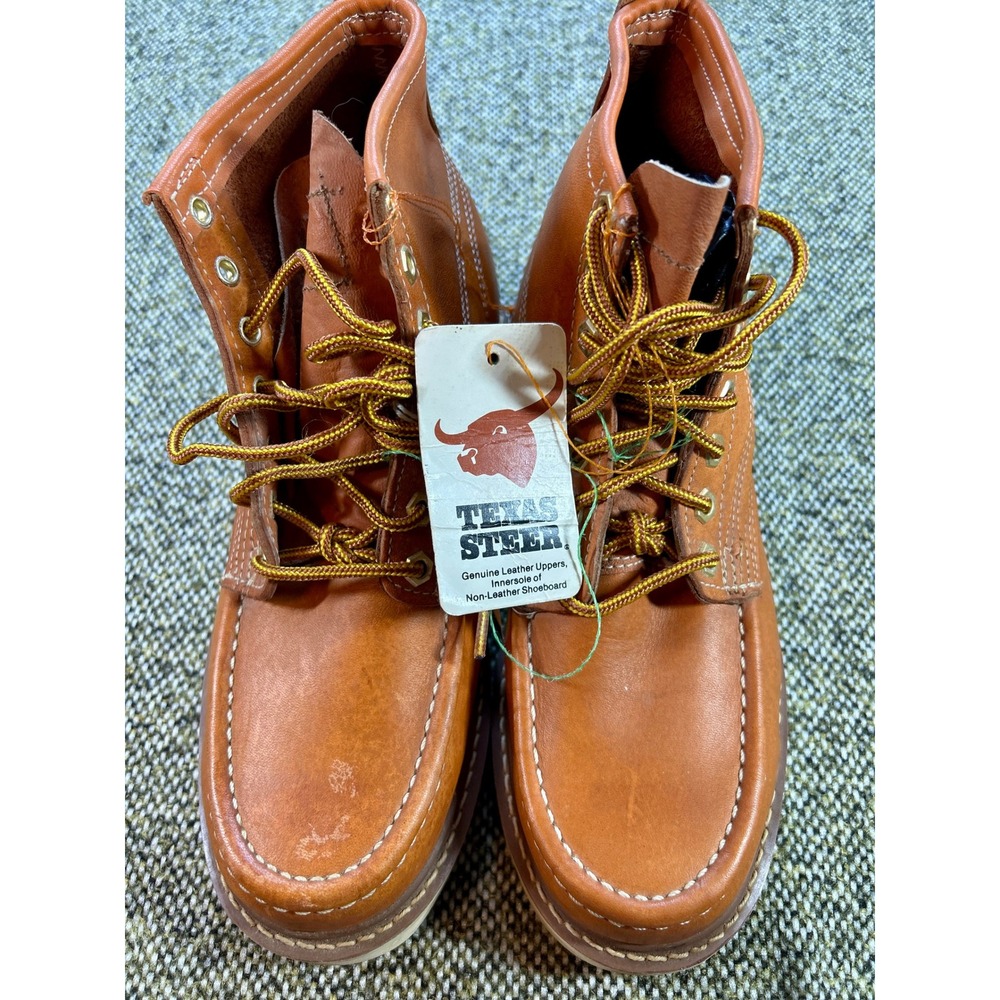 Vintage Texas Steer Leather Moc Toe Work Boots Tan Lace Up Unisex New Old Stock
